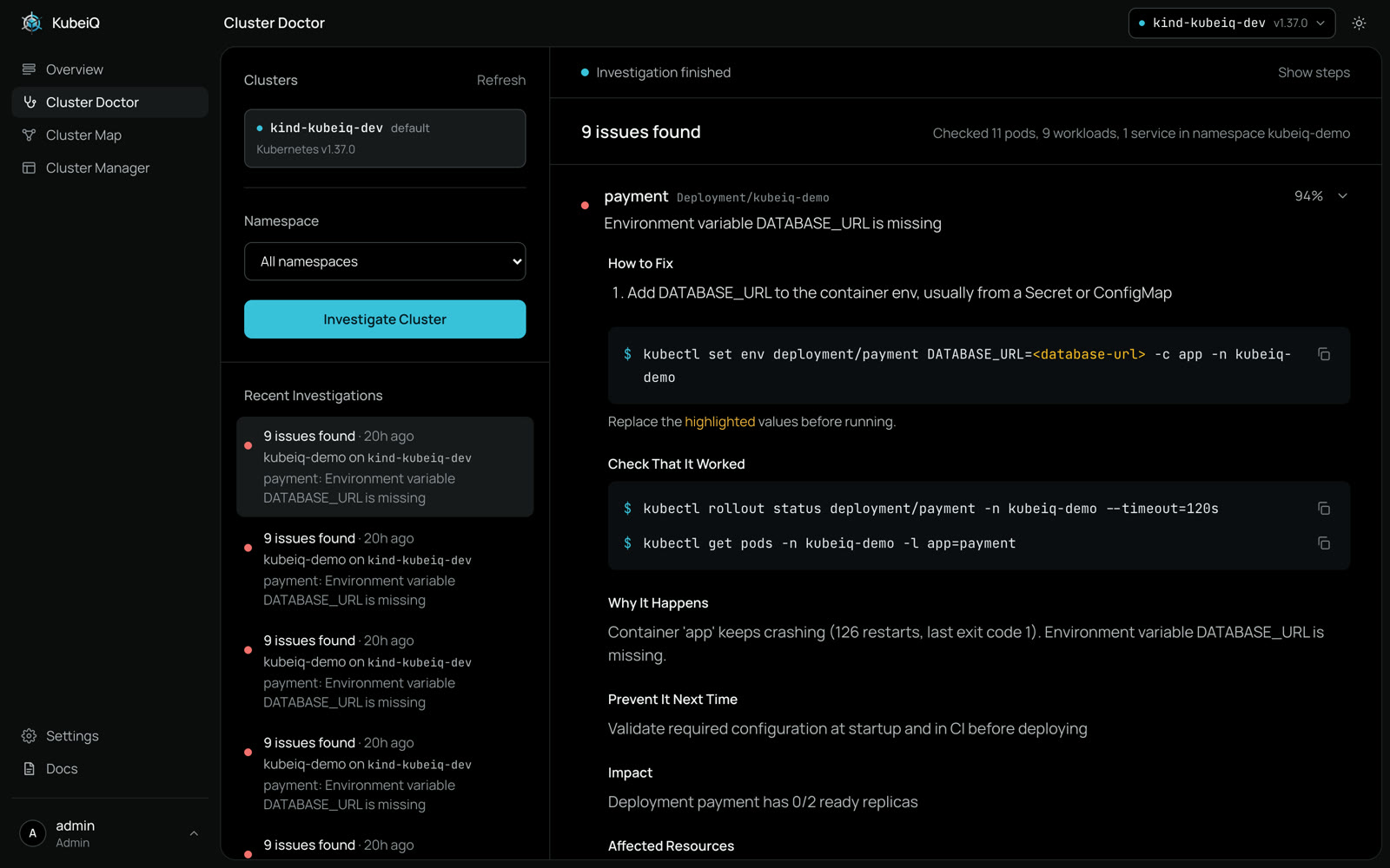 Cluster Doctor showing a failing workload with its root cause and fix command
