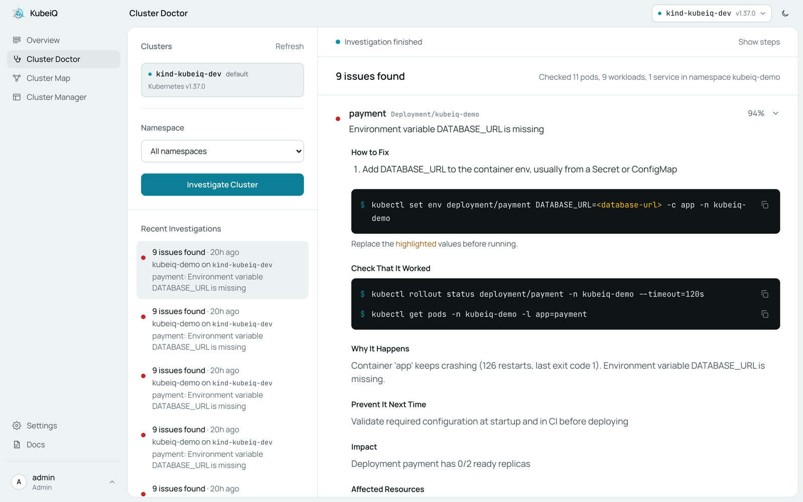 Cluster Doctor showing a failing workload with its root cause and fix command