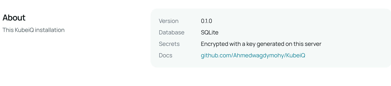 Settings, About: the version, database and encrypted secrets of this installation
