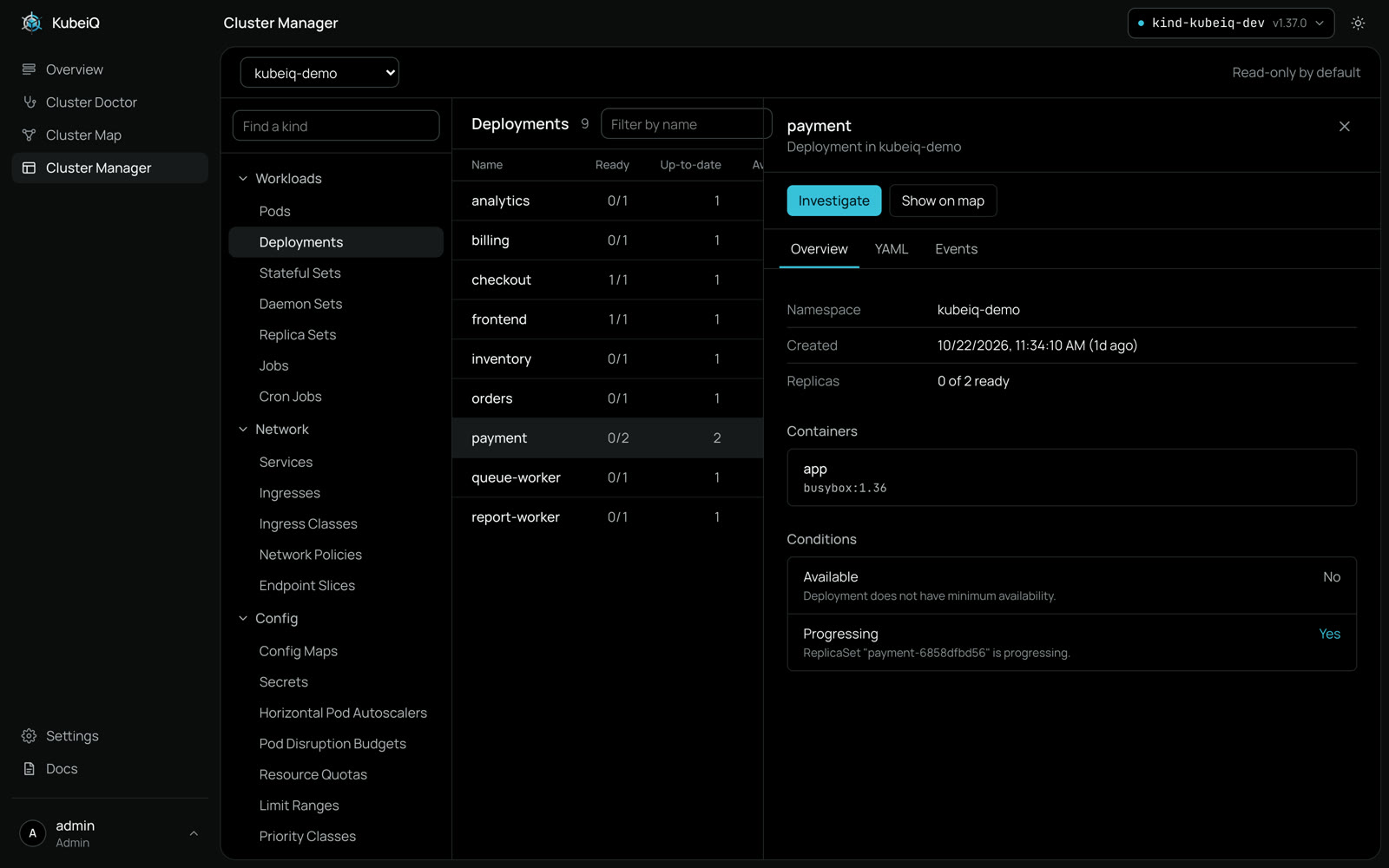 Cluster Manager listing deployments with one open