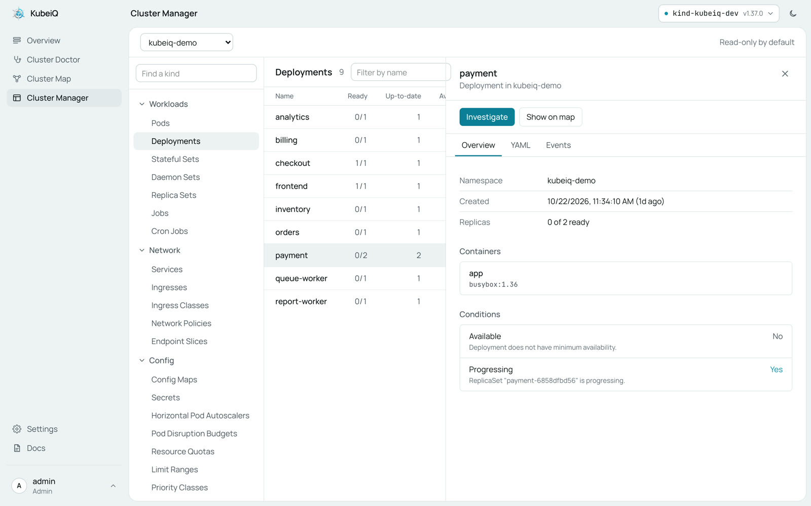 Cluster Manager listing deployments with one open