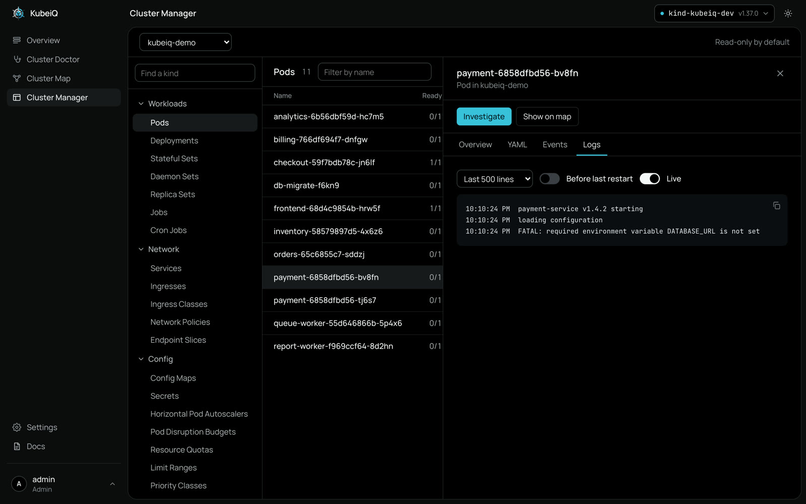 Live logs of a pod in Cluster Manager