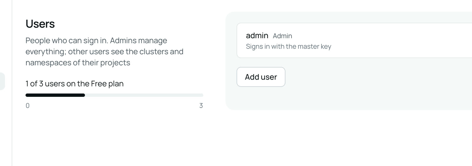 Settings, Users: 1 of 3 users on the Free plan
