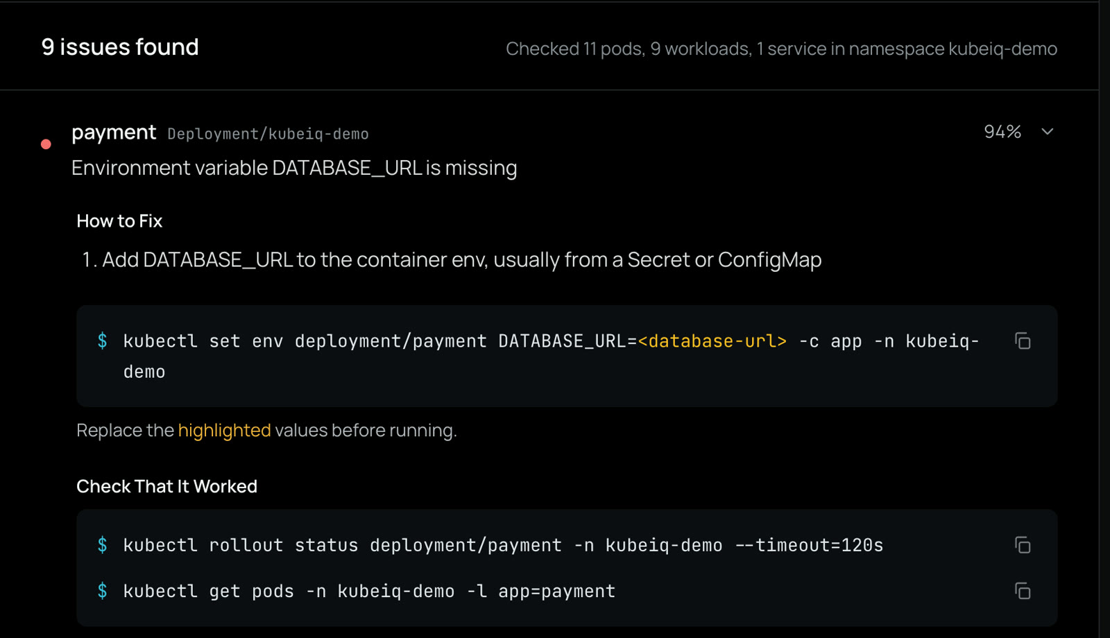 Cluster Doctor naming the root cause of payment: environment variable DATABASE_URL is missing