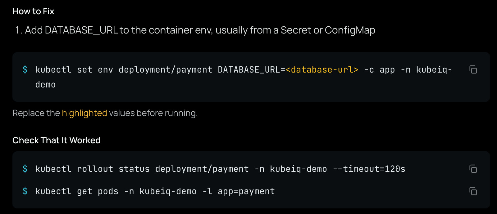 The fix command for payment and the commands that check the rollout